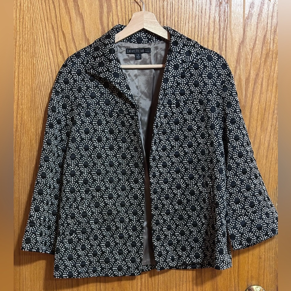 Lafayette 148 sz 8 New York black white geo abstract blazer wool silk blend (C)